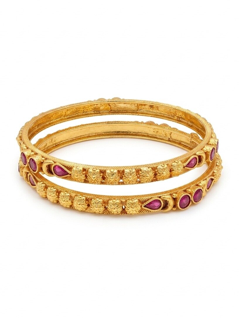 925 STERLING SILVER ANITE COLLECTION GOLD POLISH PINK STONE STUDDED BANGLES FOR WOMEN
