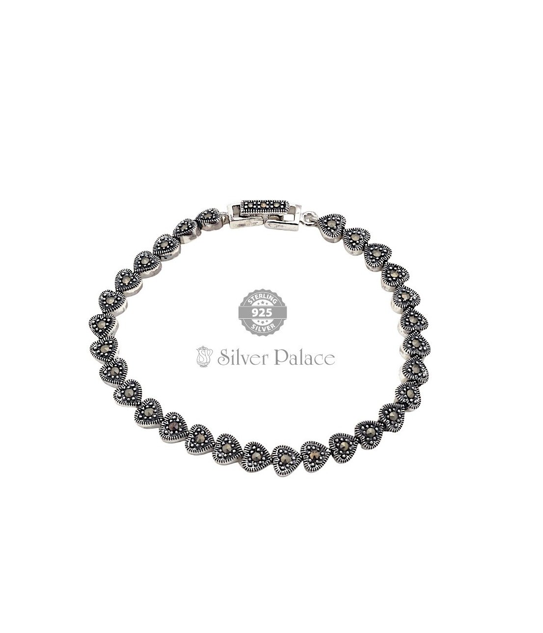 92.5 Silver Marcasite Stone Studded Heart design Bracelet For Women's