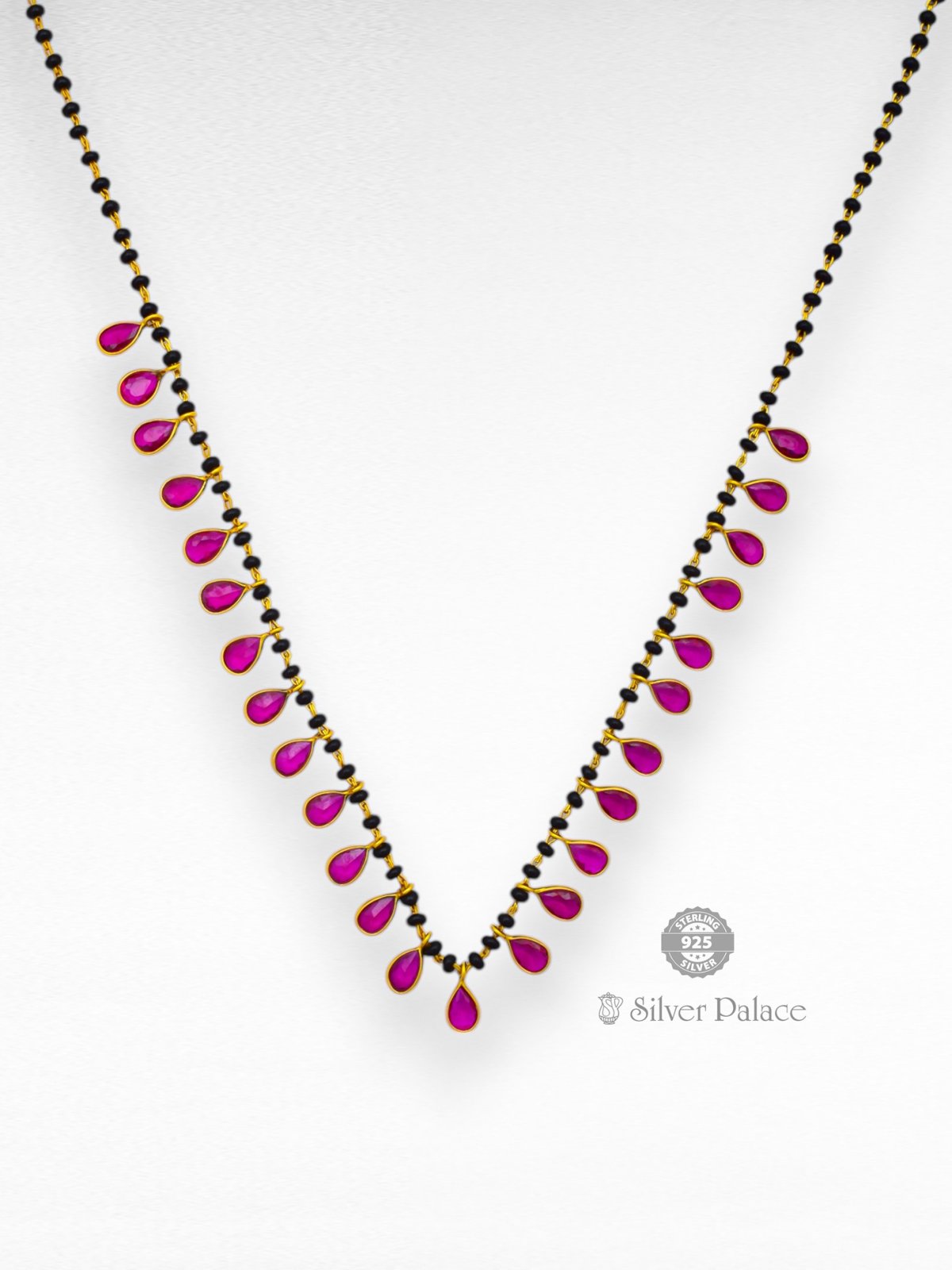 925 SILVER GOLD POLISHED PINK STONE AND BLACK BEADS MANGALSUTRA FOR LADIES 