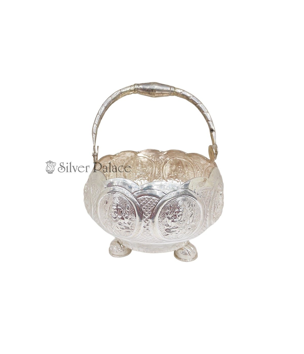 PURE SILVER FLOWER BASKET WITH HANDLE FOR MULTI PURPOSE