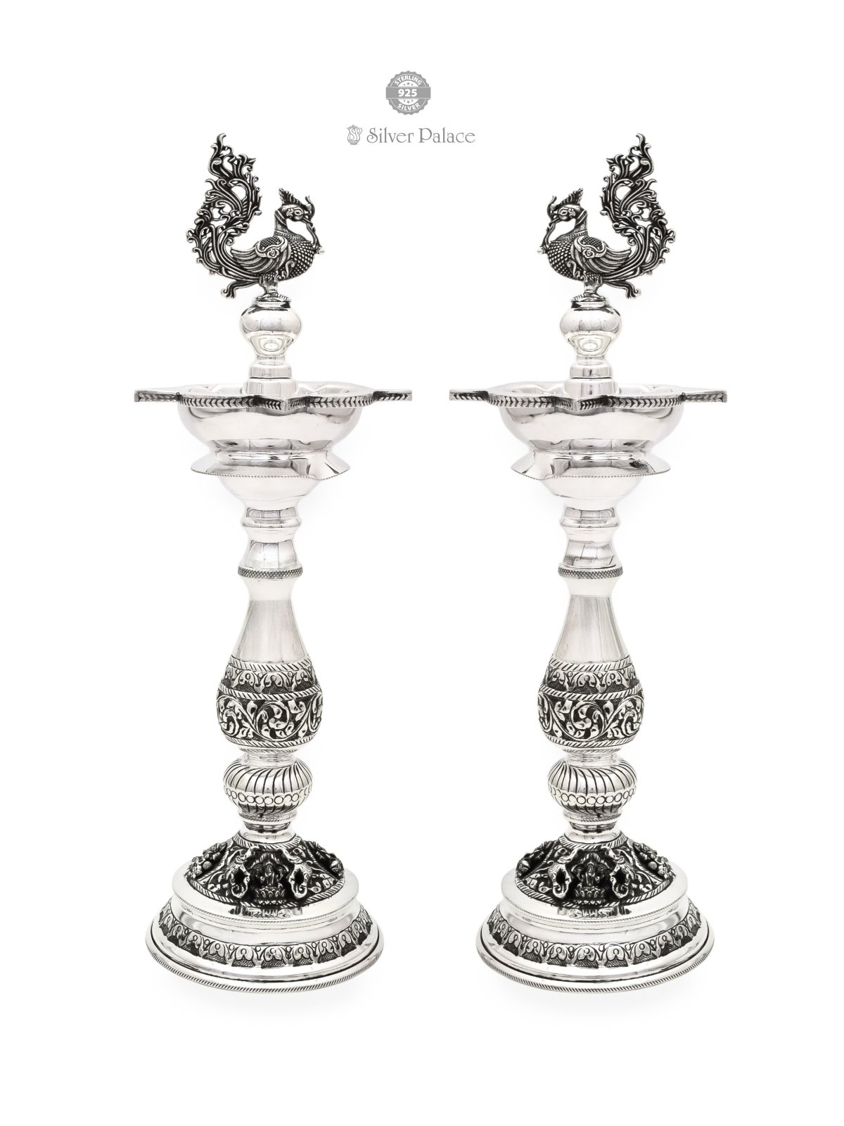 925 OXIDISED SILVER PEACOCK AND ASTALAKSHMI MOTIF KUTHU VILAKKU FOR YOUR POOJA ROOM 