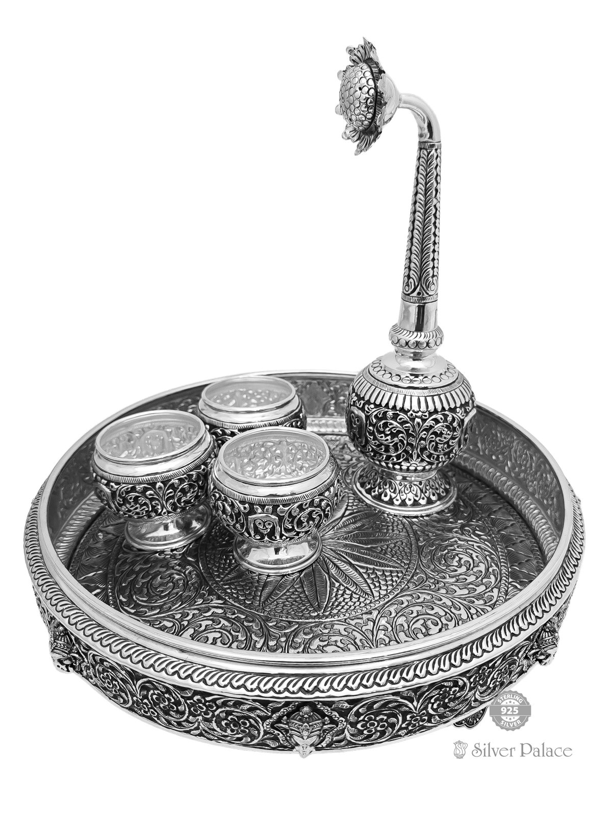 925 OXIDISED SILVER FLORAL NAGAS DESIGN PLATE SET FOR WEDDING