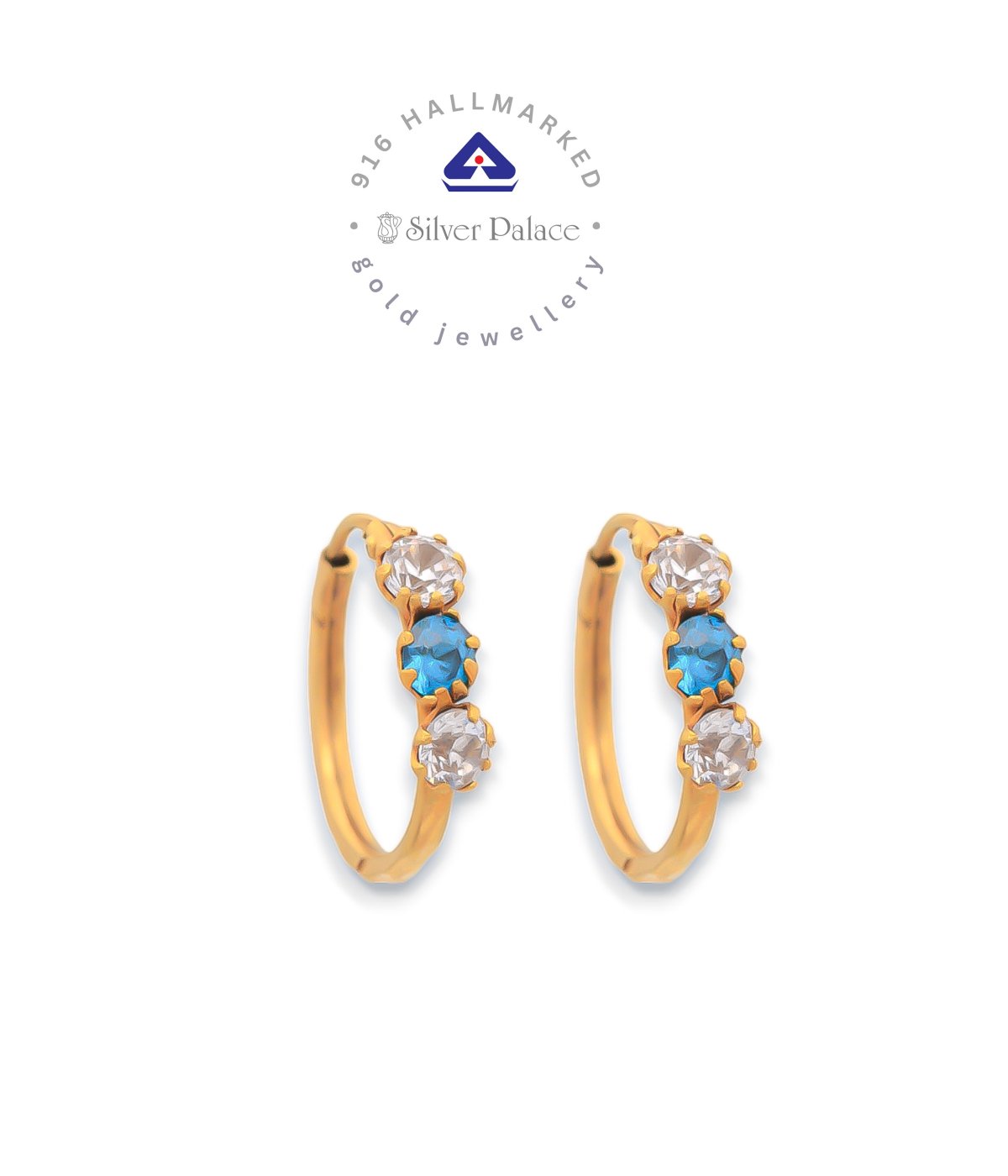 Kanche Collections 916 Pure Gold White  & Blue Stone Studded With Stylish Hoops Bali For Girls