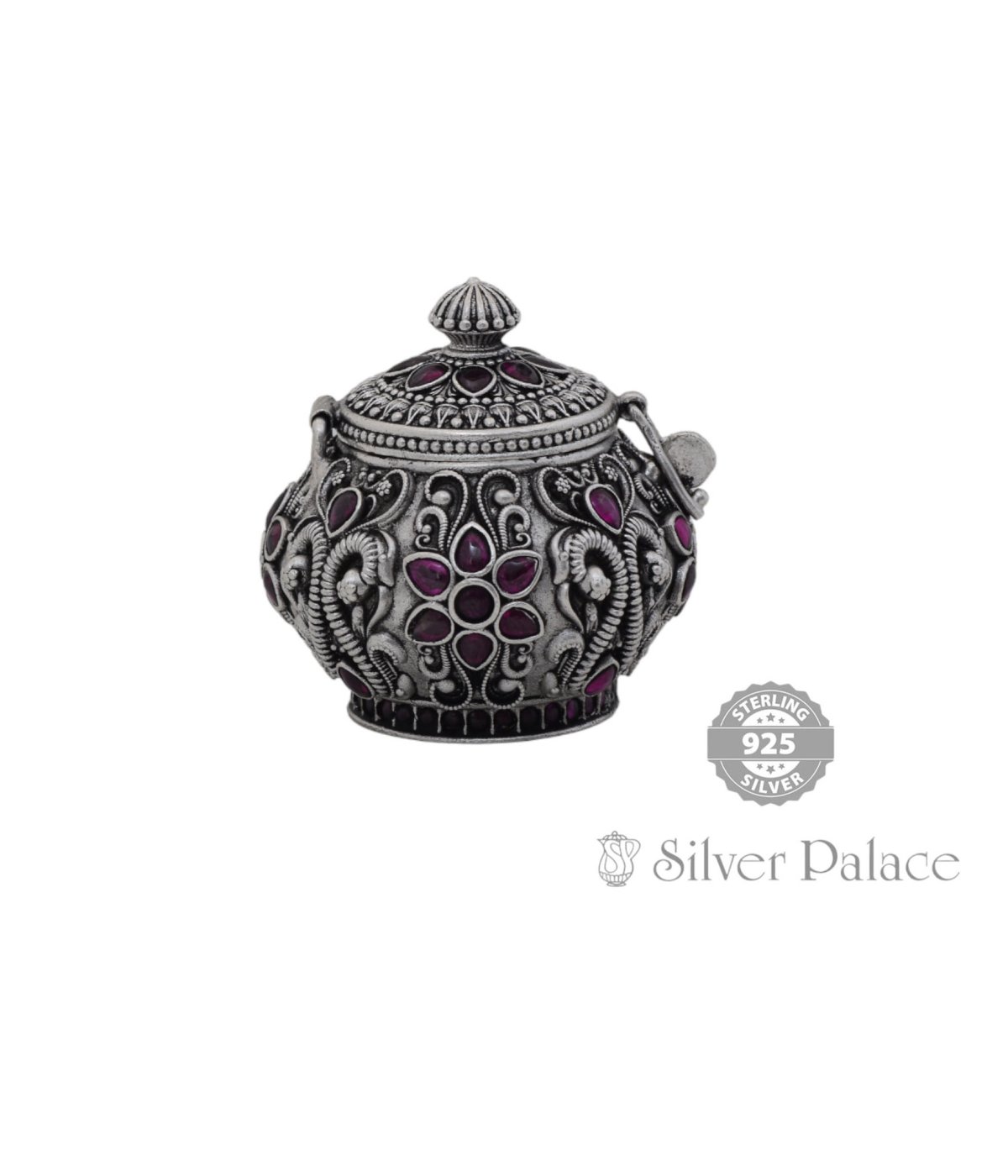 92.5 SILVER RUBY STONE STUDDED HAND CRAFTED KUMKUM DABBI 