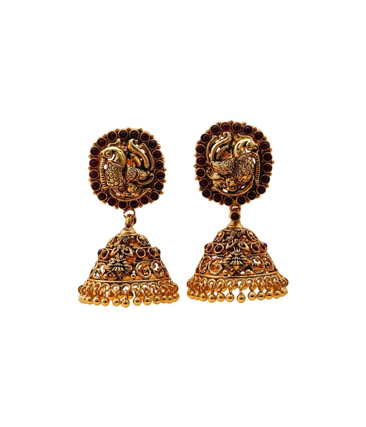 92.5 GOLD POLISHED RED STONE STUDDED PEACOCK DESIGN JHUMKI