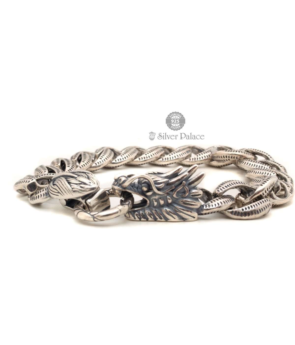 925   Sterling Silver Link Men's Bracelet of Dragon and Snake