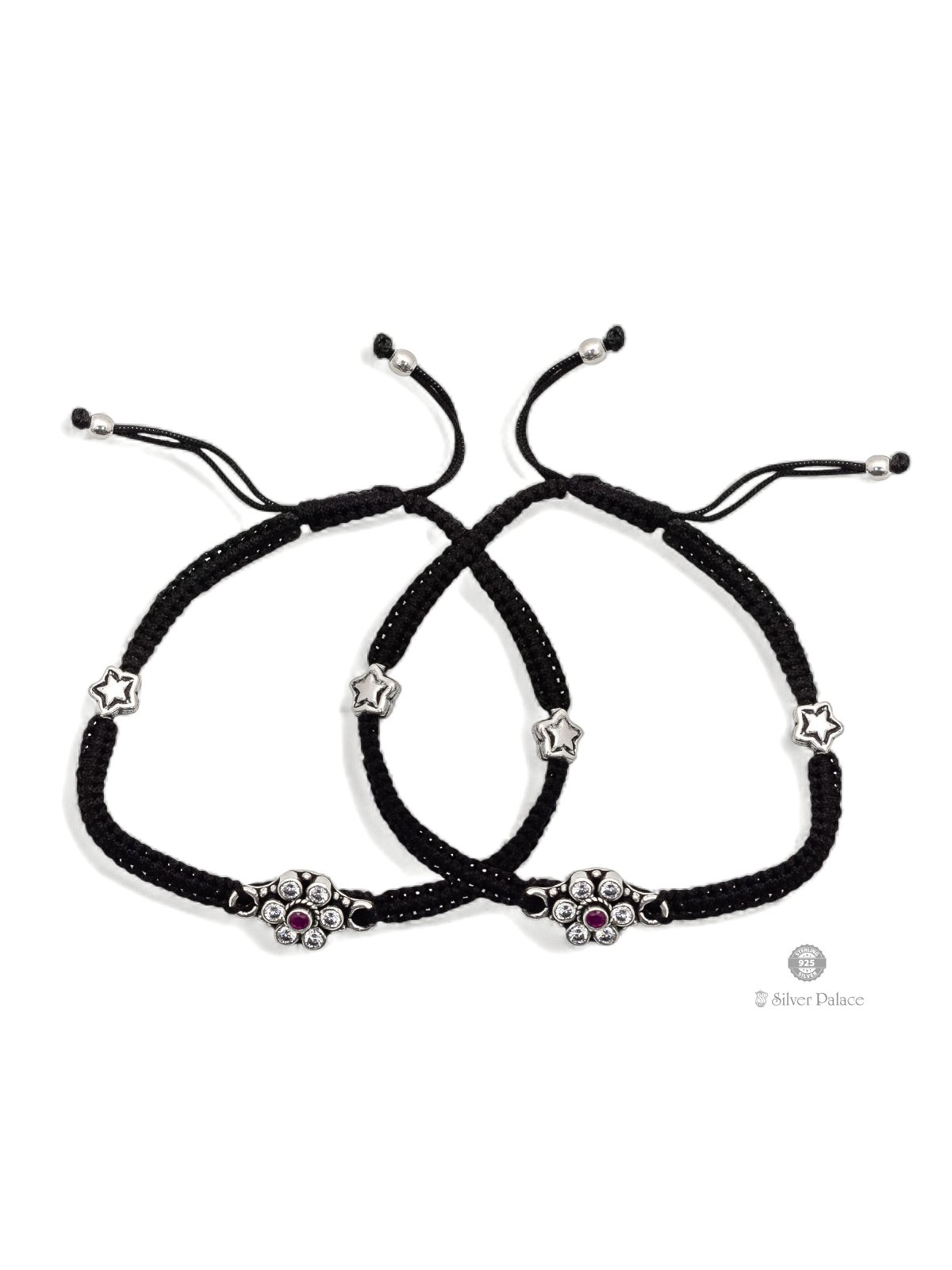 925 Pure Silver Pink And White Stone With Black Thread Anklet For