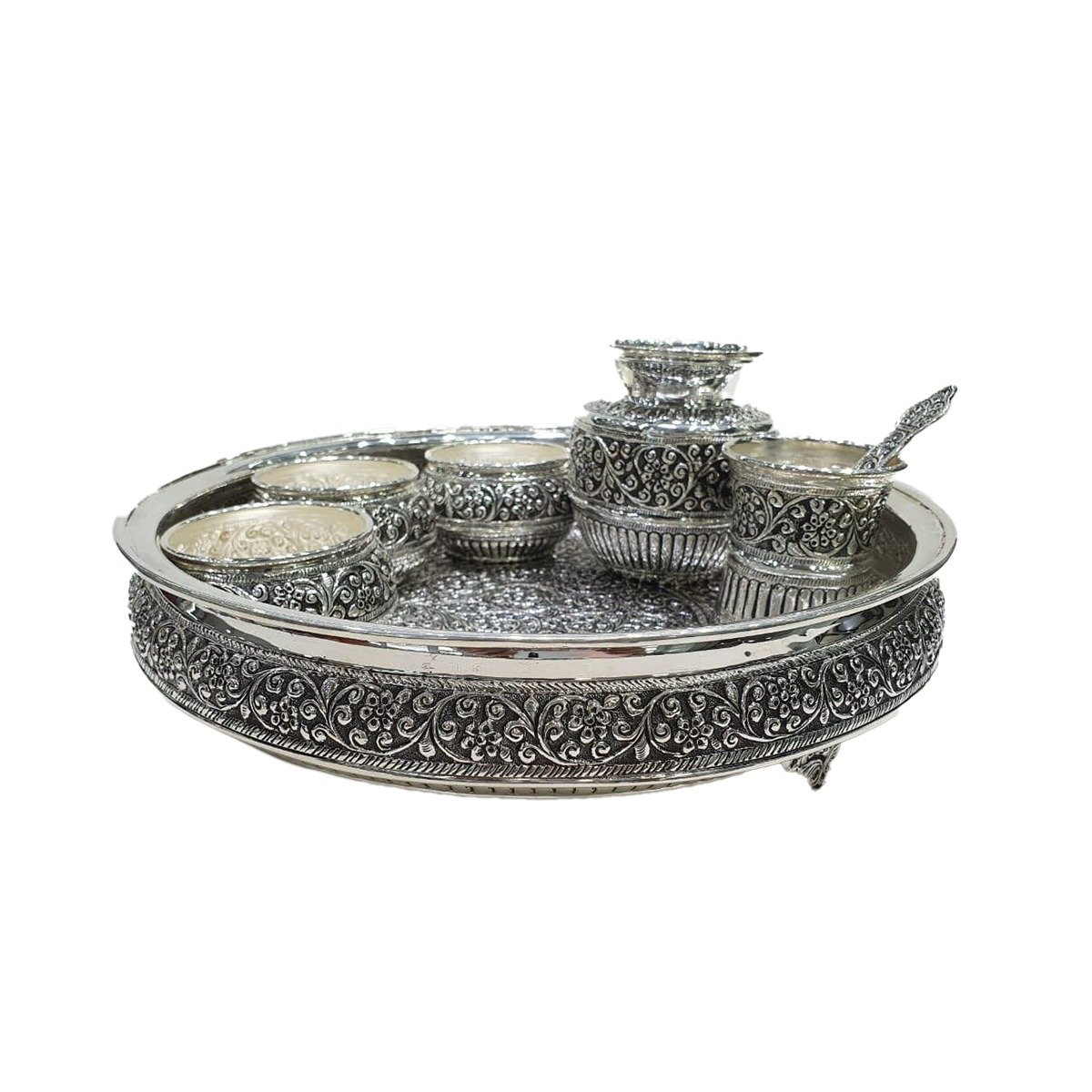 TRADITIONAL SILVER POOJA TRAY SET IN ANTIC FINISH PURE SILVER