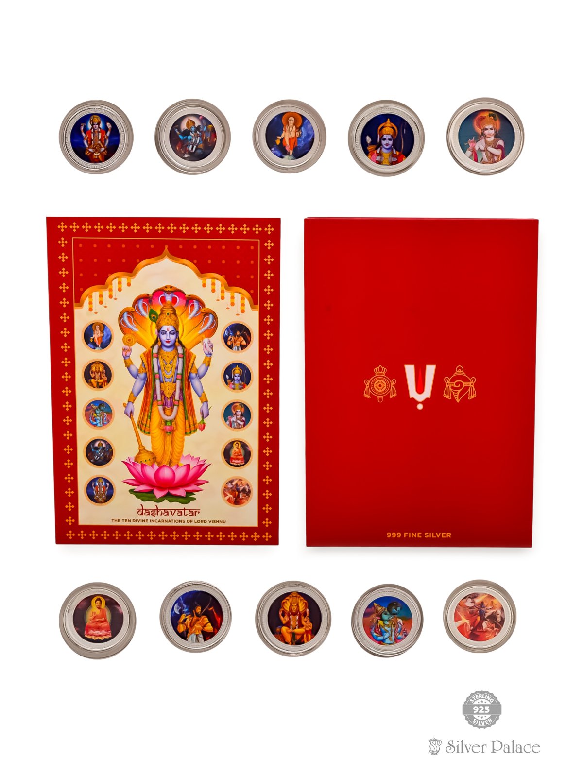 999 PURE SILVER DASHAVATHARAM ENAMELD GIFT COIN BOX SET 