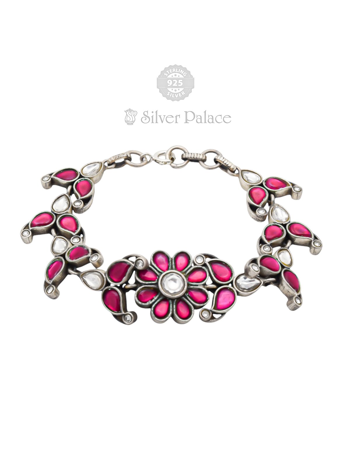 925 STERLING SILVER FLORAL DESIGN PINK STONE BRACELET FOR GIRLS MANNJ COLLECTION 