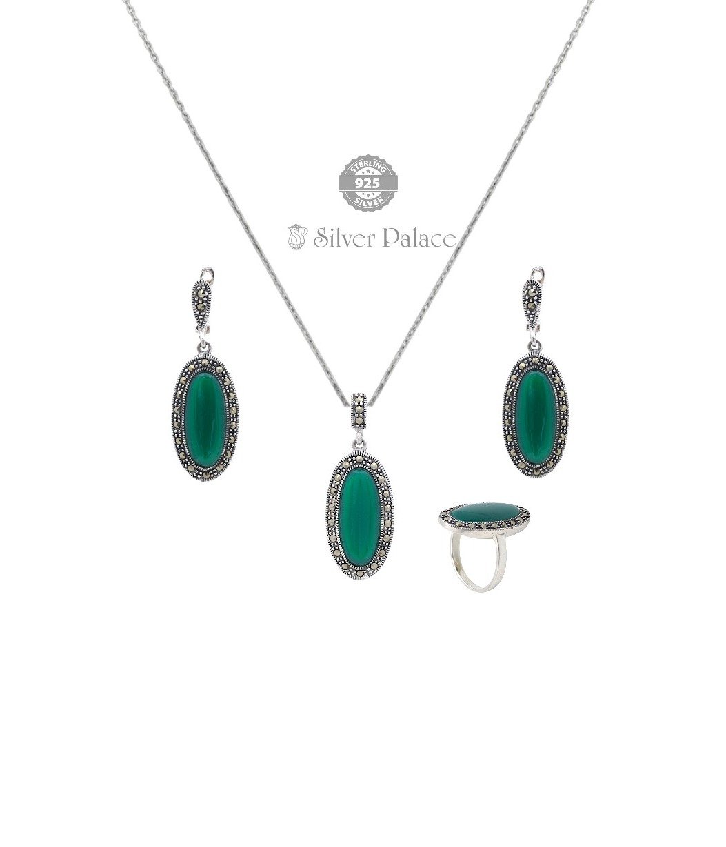 92.5 Sterling Silver Prite' Collections Green Onyx Marcasite Pendant set For Girls