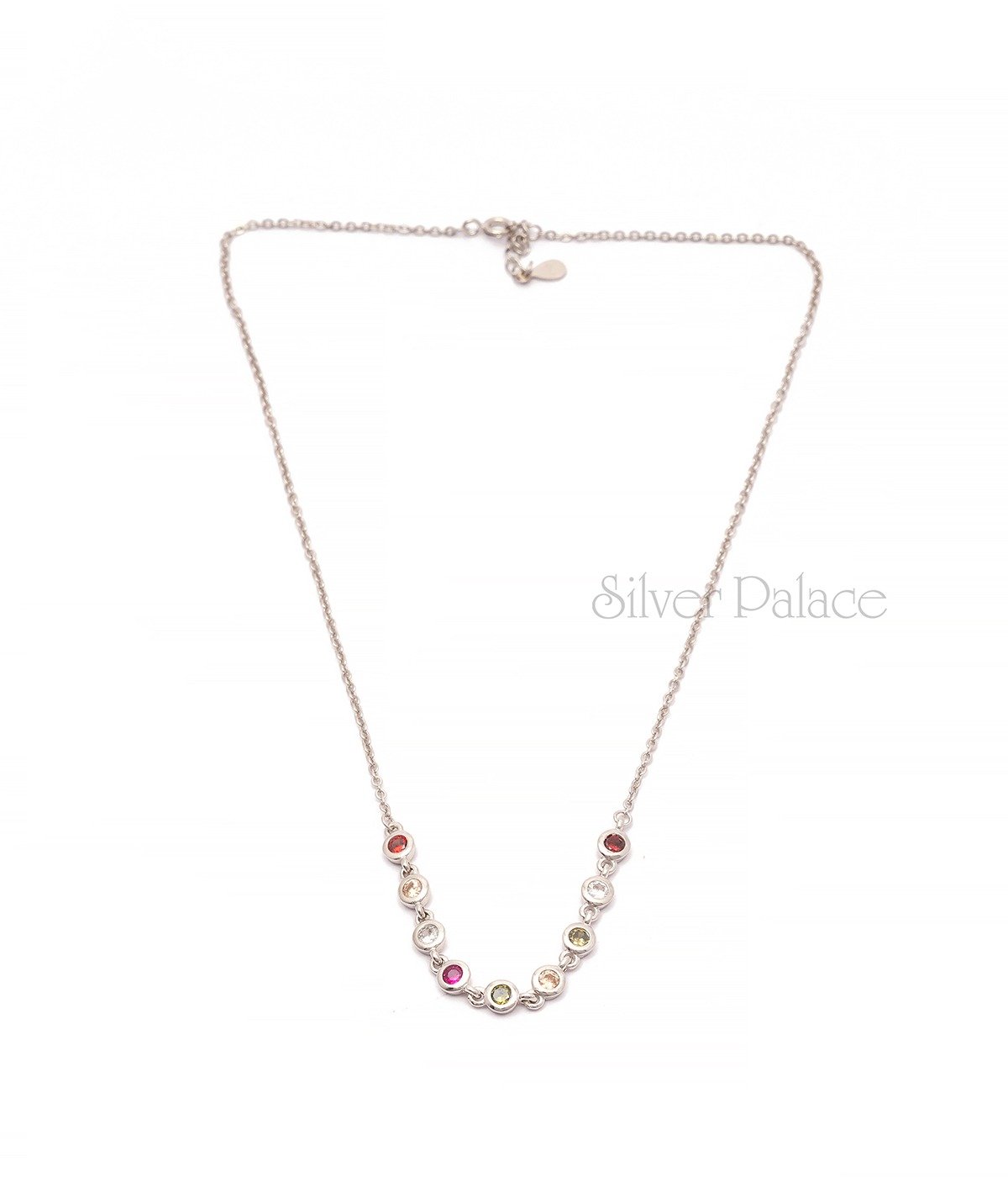 92.5 STERLING SILVER TINY MULTICOLOUR STONE STUDDED PENDANT CHAIN