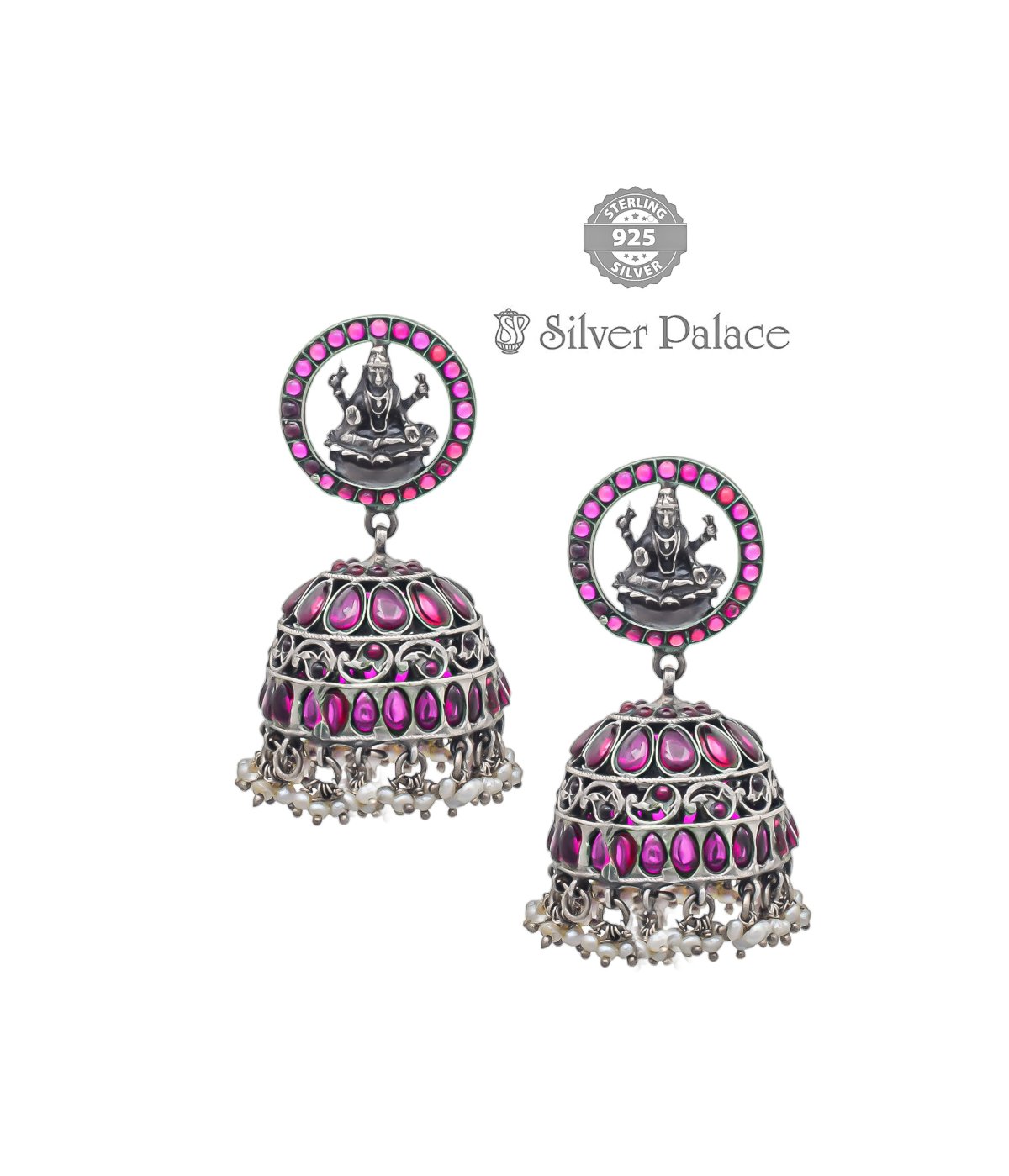 OXIDISED SILVER LAKSHMI RED STONE BRIDAL JHUMKI