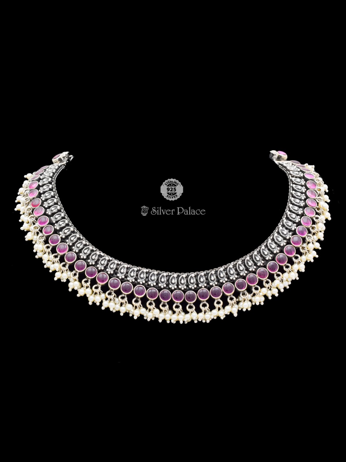 92.5 Oxidised Silver Grand Heritage Pearl Necklace With Dark Pink Stones Mannj Collection