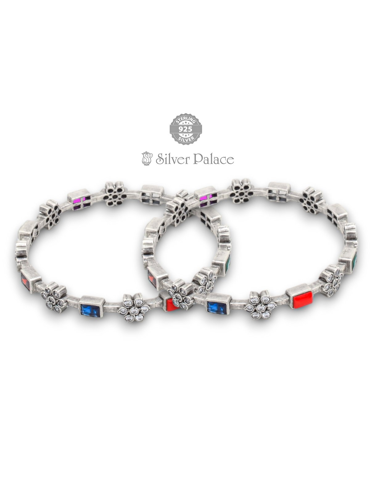 STERLING SILVER FLORAL DESIGN NAVARATNA STONE  BANGLES 2.4 size NEETH COLLECTION