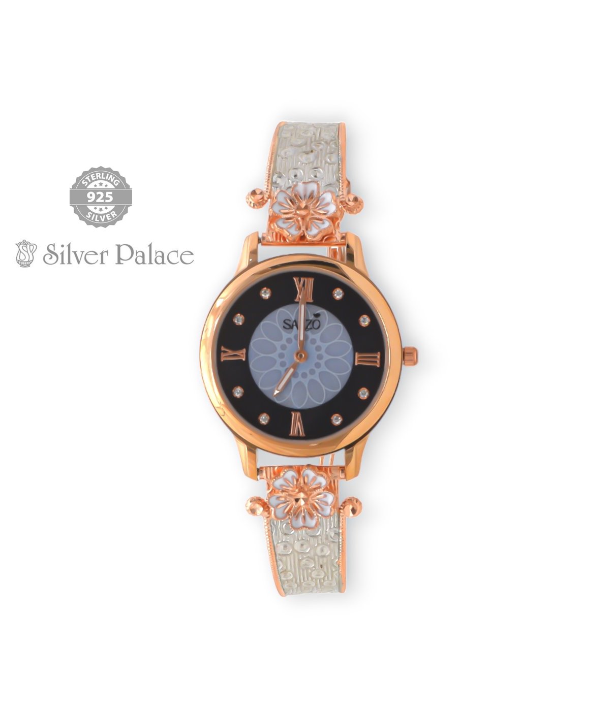 Sheya Collections 92.5 Pure Silver With Rose Gold & White Flower Design Silver Strap Watch For Girls