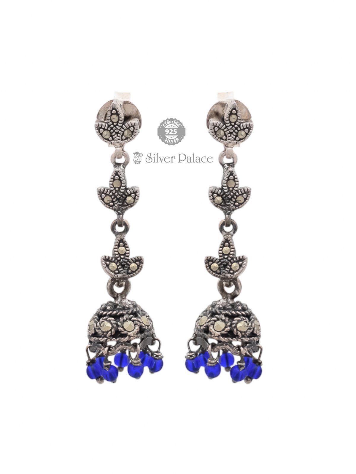 925 OXIDISED SILVER LEAF DESIGN BLUE BEADS HANGING JHUMKAA FOR GIRLS PRITE COLLECTION 