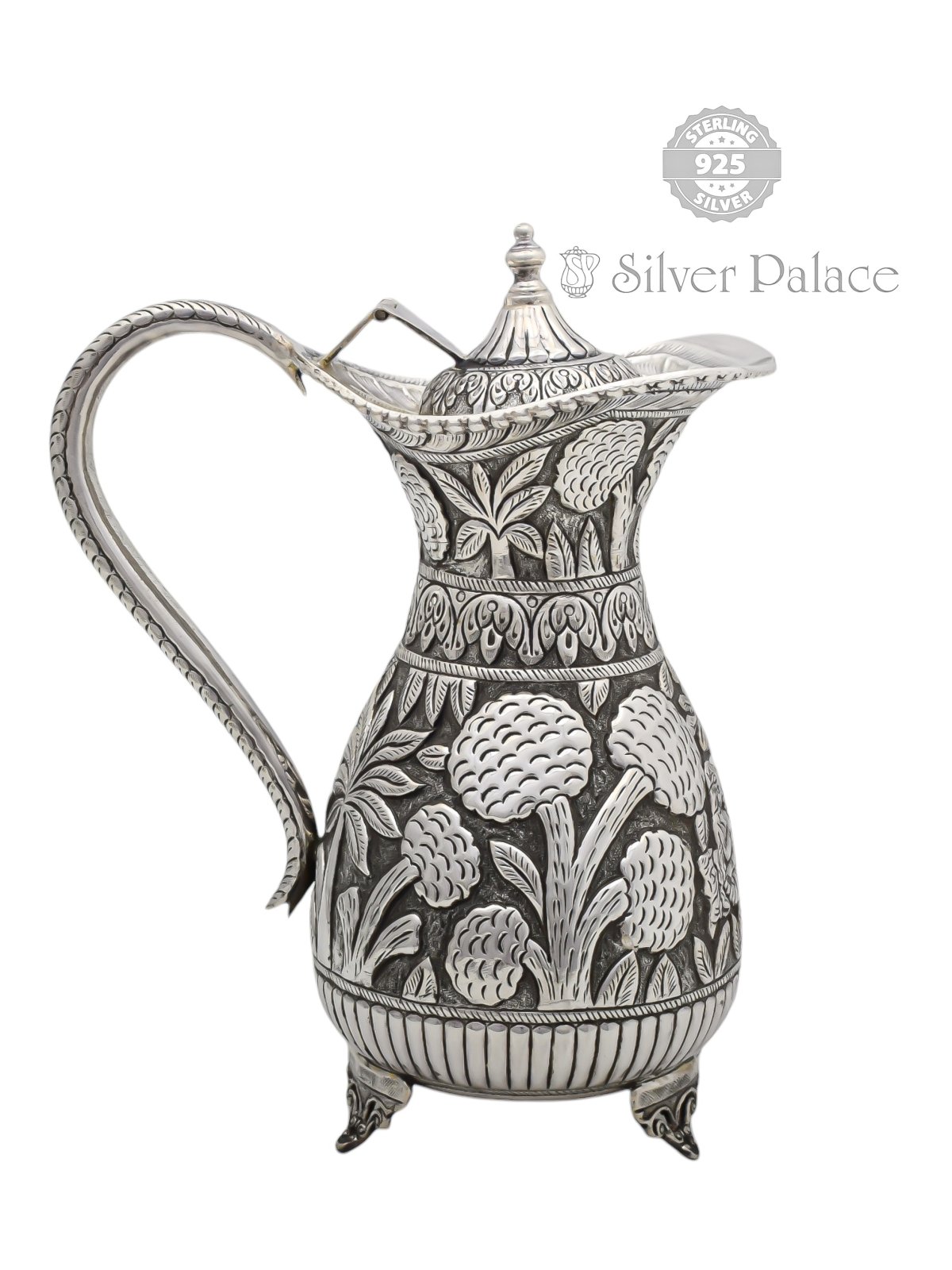 925 Oxidised Silver Handcrafted Floral Engraved Vintage Jug For Your Table