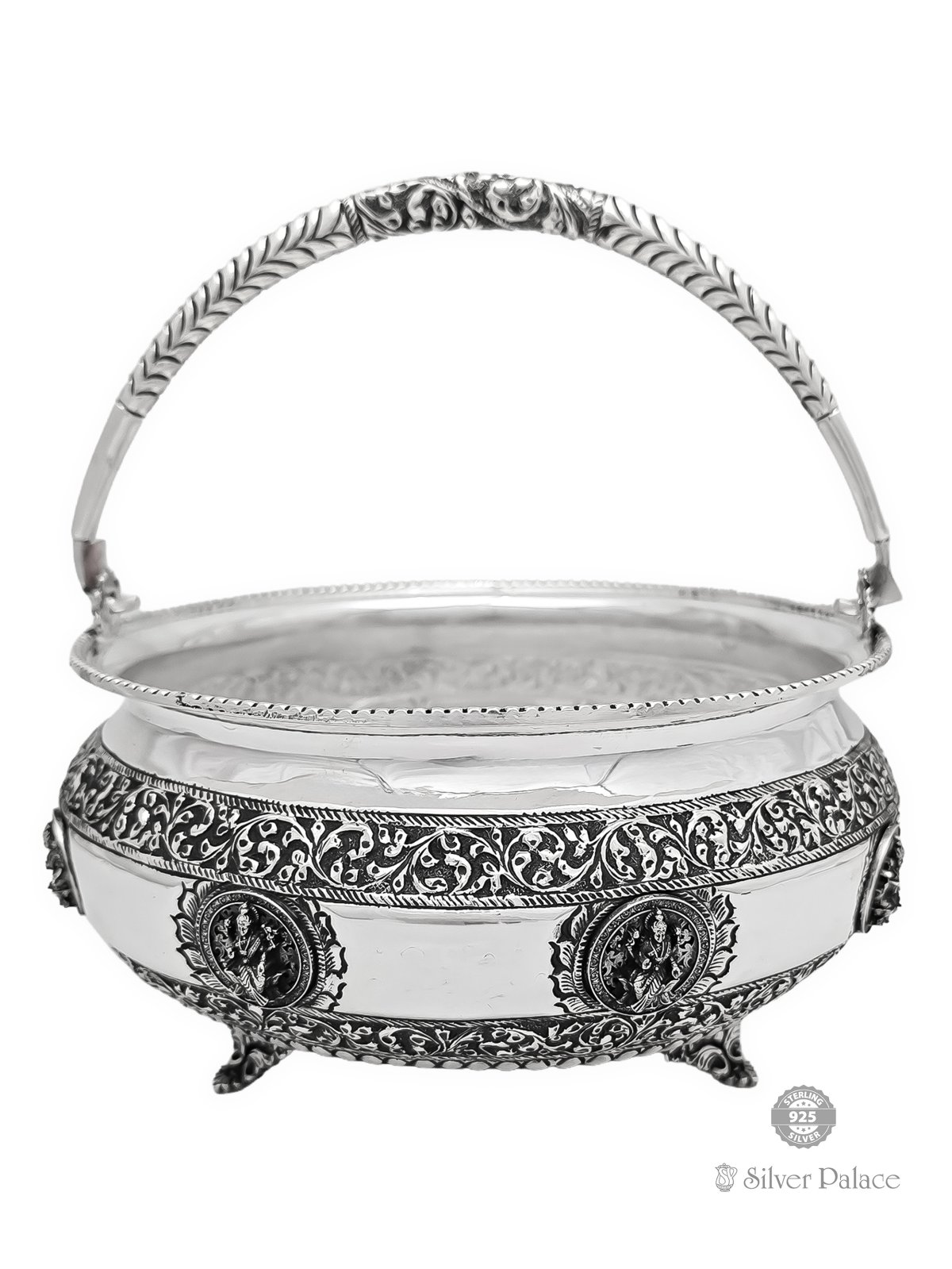 925 OXIDISED SILVER ASTALAKSHMI DESIGN FLOWER BASKET FOR POOJA PURPOSE 