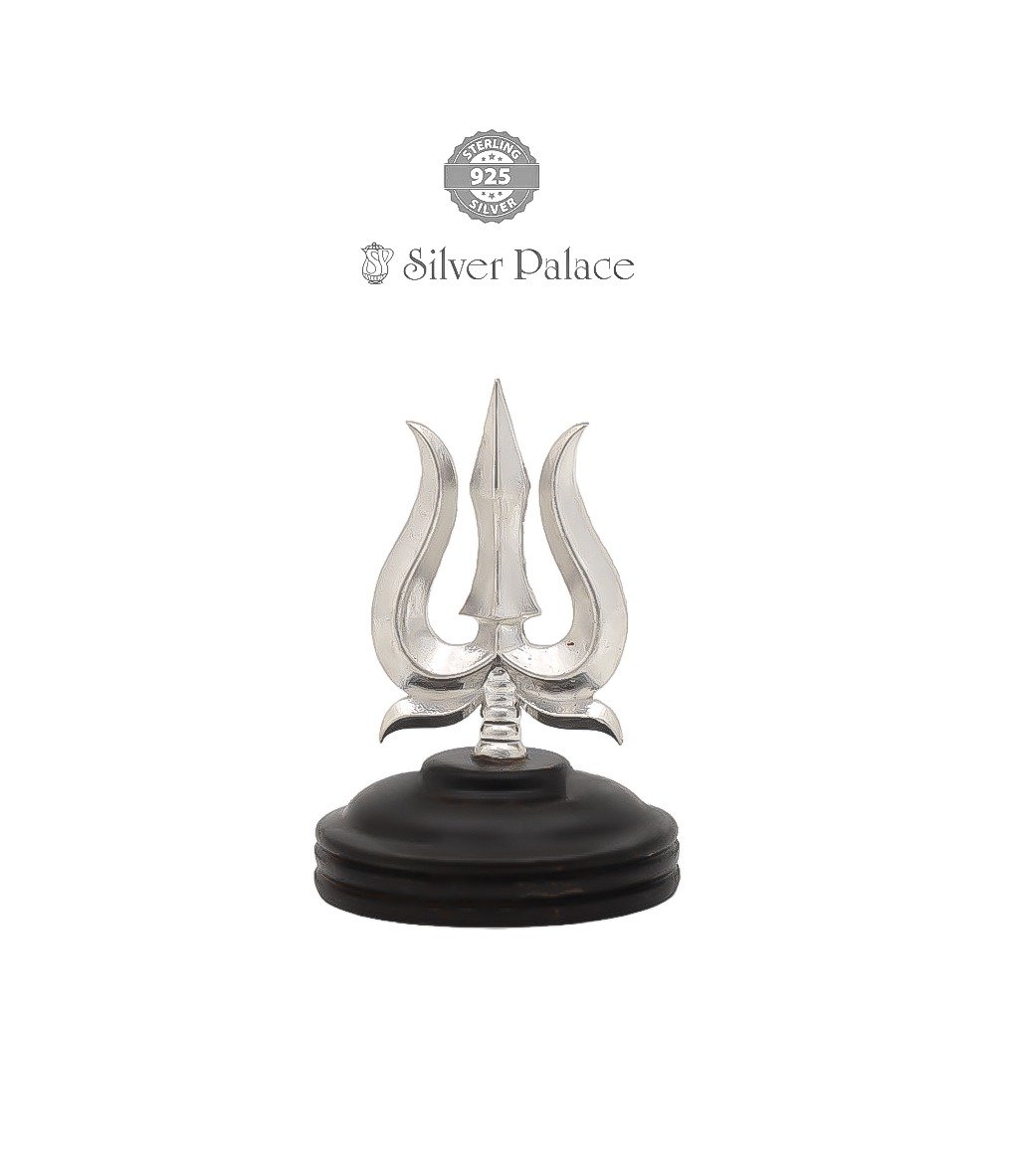 925 Silver Shiva Trishulam Trident On Wood Base For Pooja Use