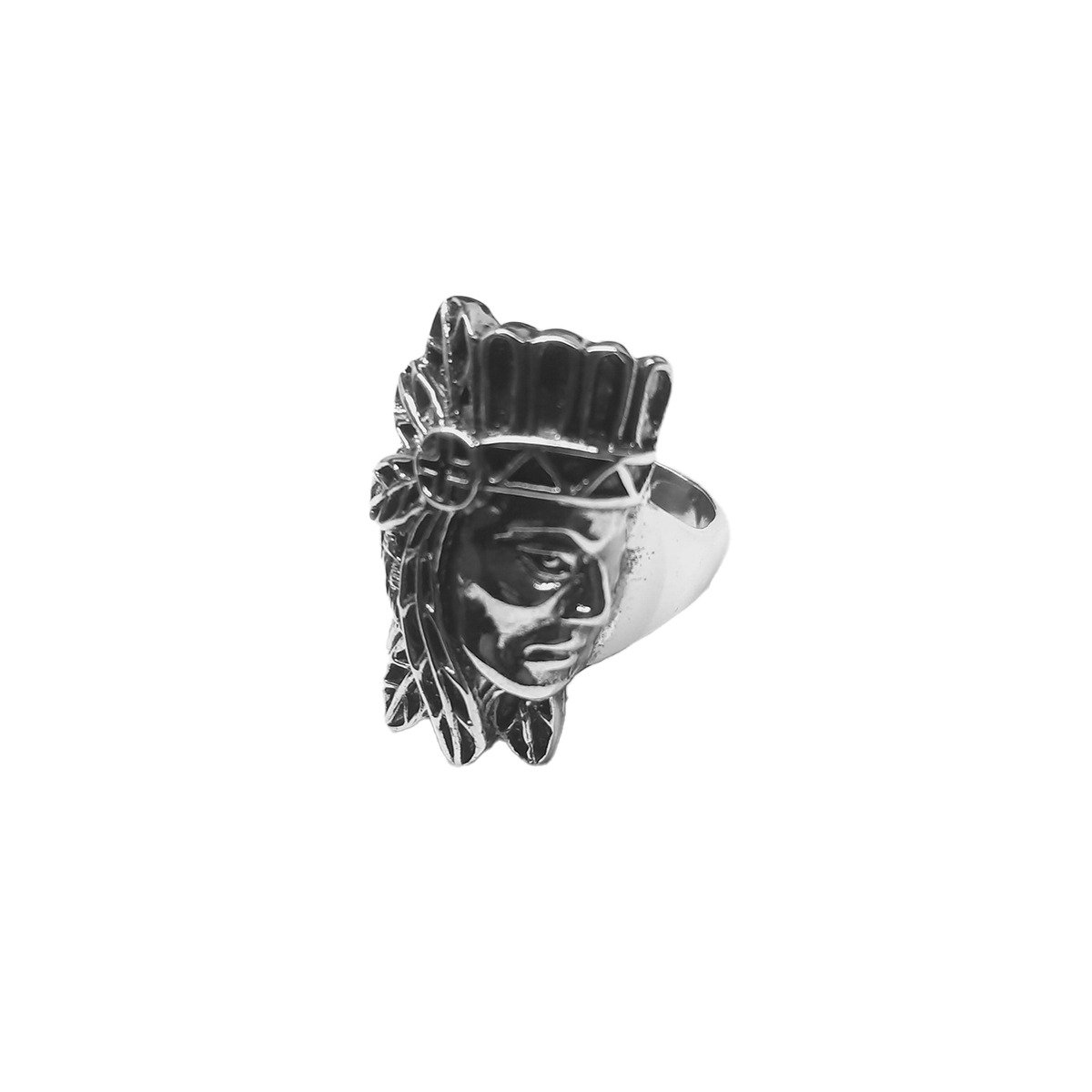 SILVER AMERICAN INDIAN CHIEF HEAD FEATHERS RING