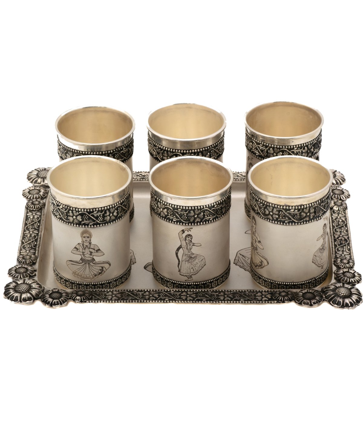 92.5 % Pure Silver Stylish antic Dancing dolls WATER Glasses And Tray Set