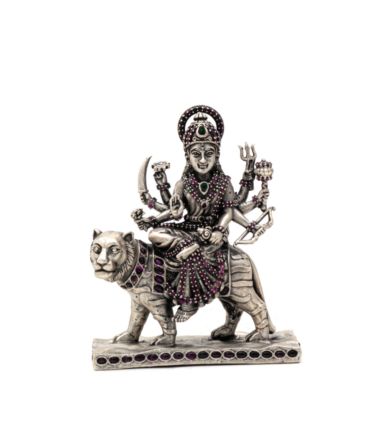 ANTIC FINISH 925 SILVER LC STONE DURGA MAA SITTING ON LION IDOL WITH RUBY EMERALD 