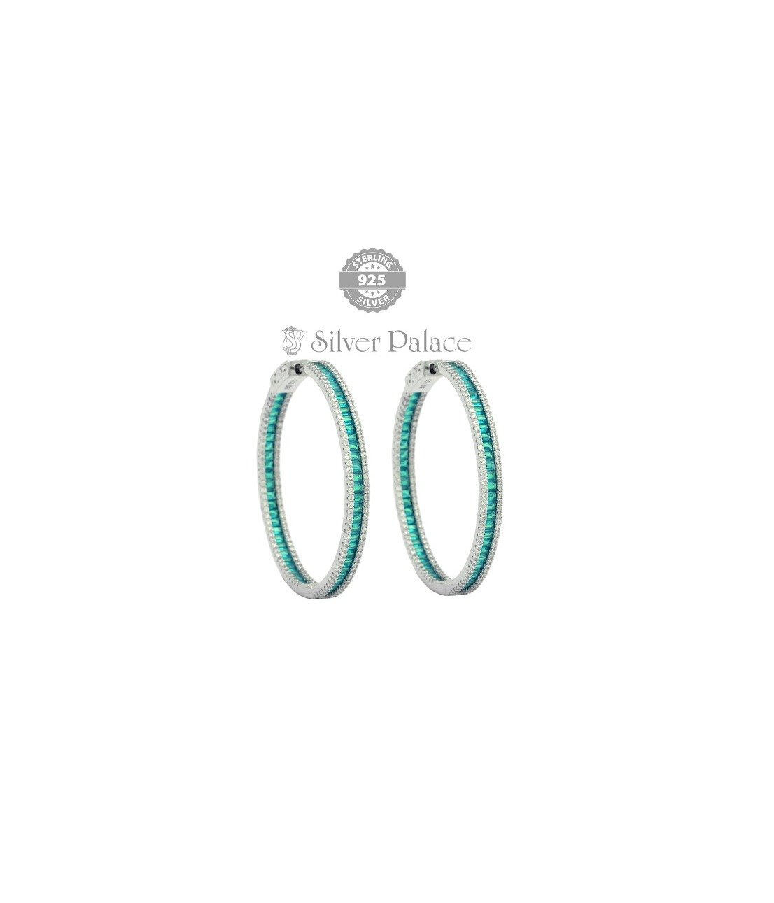 92.5 Sterling Silver Emerald Gemstone Studded Hoop Style Earring