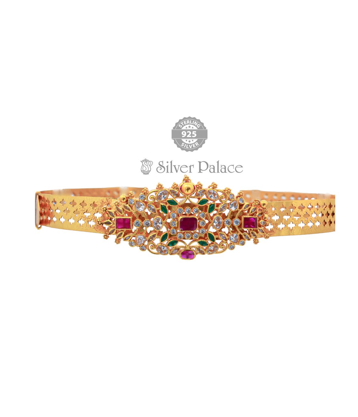 925 STERLING SILVER ANITE COLLECTION GOLD POLISHED CZ STONE OTTIYANAM FOR WOMEN