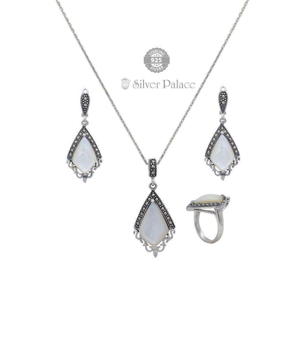 925 SILVER PRITE' COLLECTIONS MOP AND MARCASITE PENDANT WITH MATCHING EARRINGS & RING FOR FUNCTION  USES