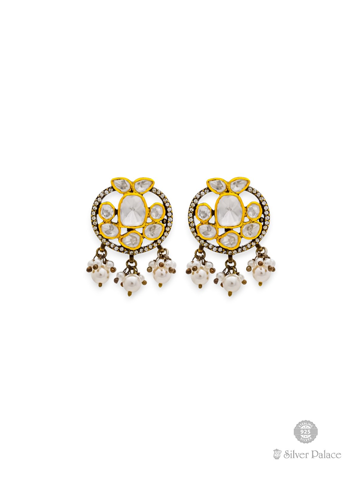925 SILVER GOLD POLISHED VICTORIAN DESIGN KUNDAN EARRING FOR WOMEN ANITE COLLECTION 