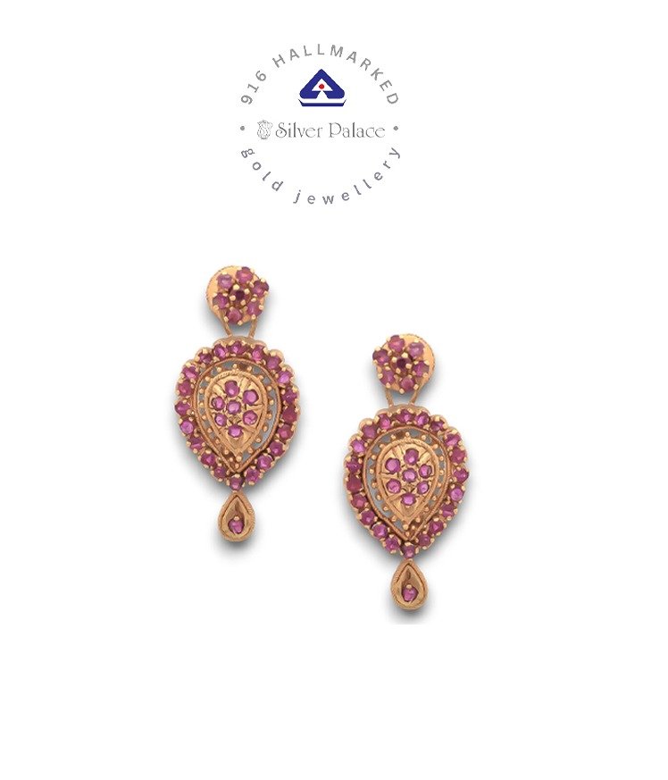  Kanche Collections 916 Pure Gold   Ruby Stone Studded Daily Wear Earr Hoops  For Girls
