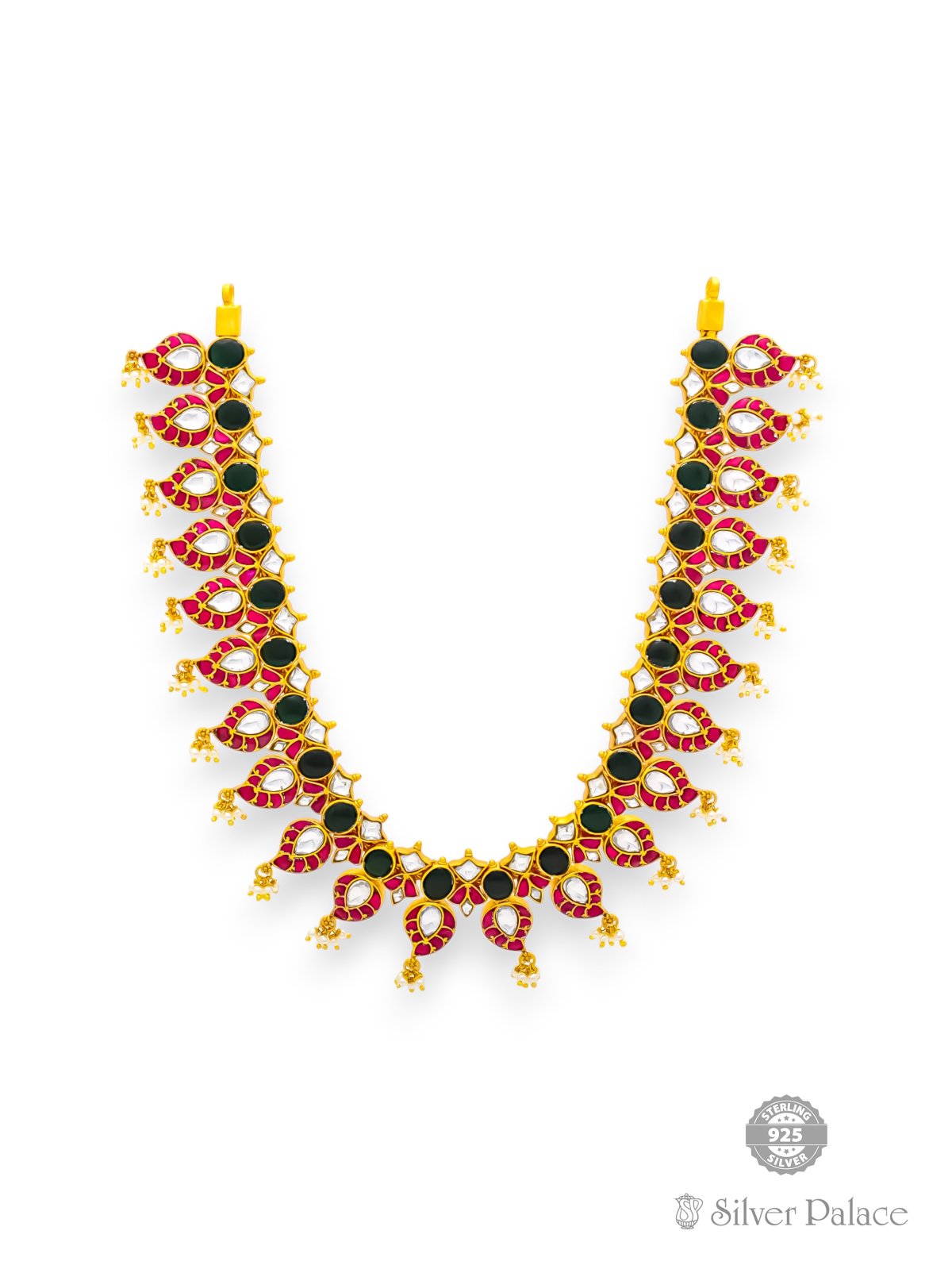 925 SILVER GOLD POLISHED CUT STONE WITH BEADS DESIGN NECKLACE FOR WOMEN ANITE COLLECTION 