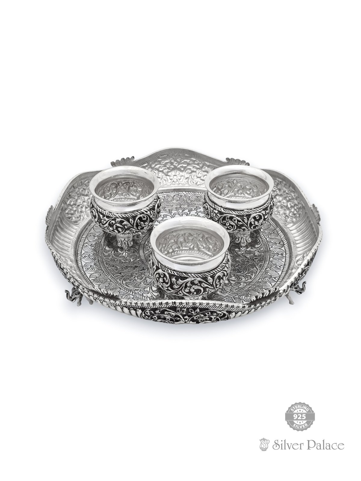 925 OXIDISED SILVER FLORAL DESIGN PLATE SET FOR WEDDING GIFTS