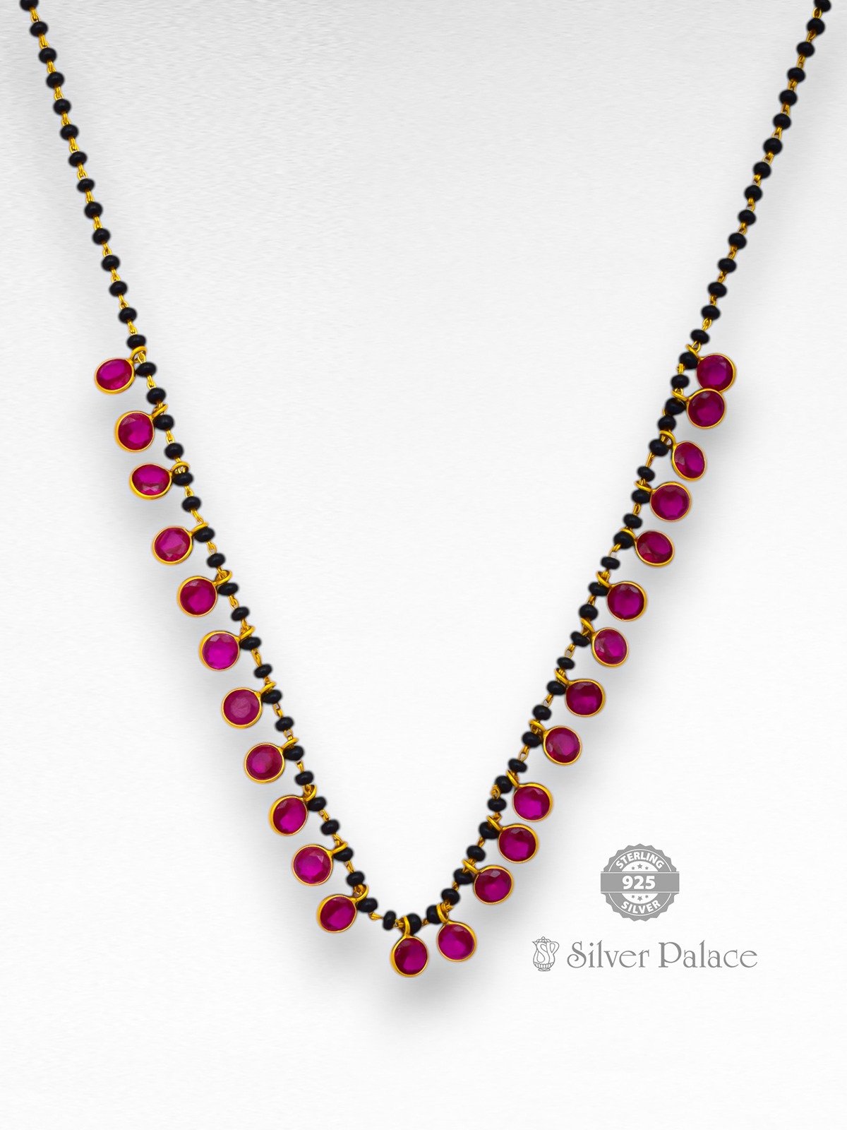 925 SILVER GOLD POLISHED ROUND SHAPE PINK STONE MANGALSUTRA FOR LADIES 