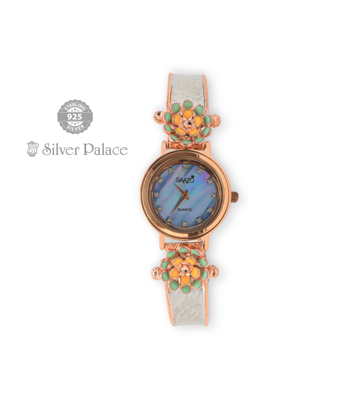 Sheya Collections 92.5 Silver With Rose Gold & Flower Design Strap  Watch For Girls