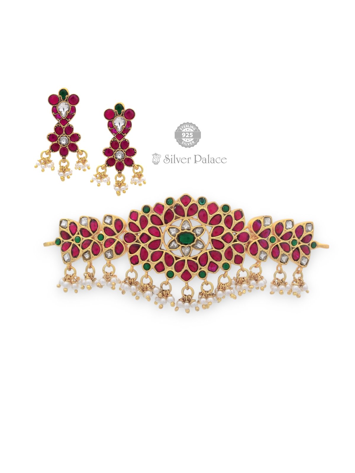 925 Sterling Silver Gold Polished Floral Choker with White, Green, and Red Stones Traditional Indian or ethnic style Anite collection