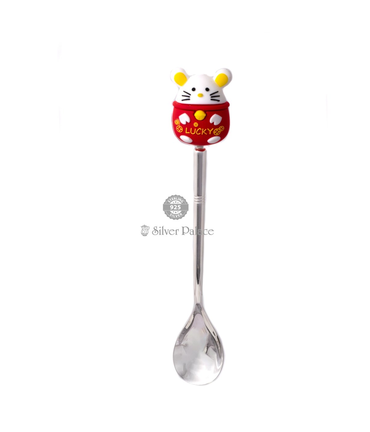  925 SILVER SPOON FOR BABY WITH WHITE AND RED SILICON KITTY MOUSE 