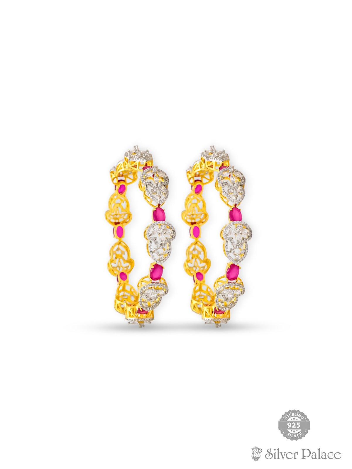 925 SILVER GOLD POLISHED FLORAL DESIGN CZ BANGLES FOR GIRLS ANITE COLLECTION 