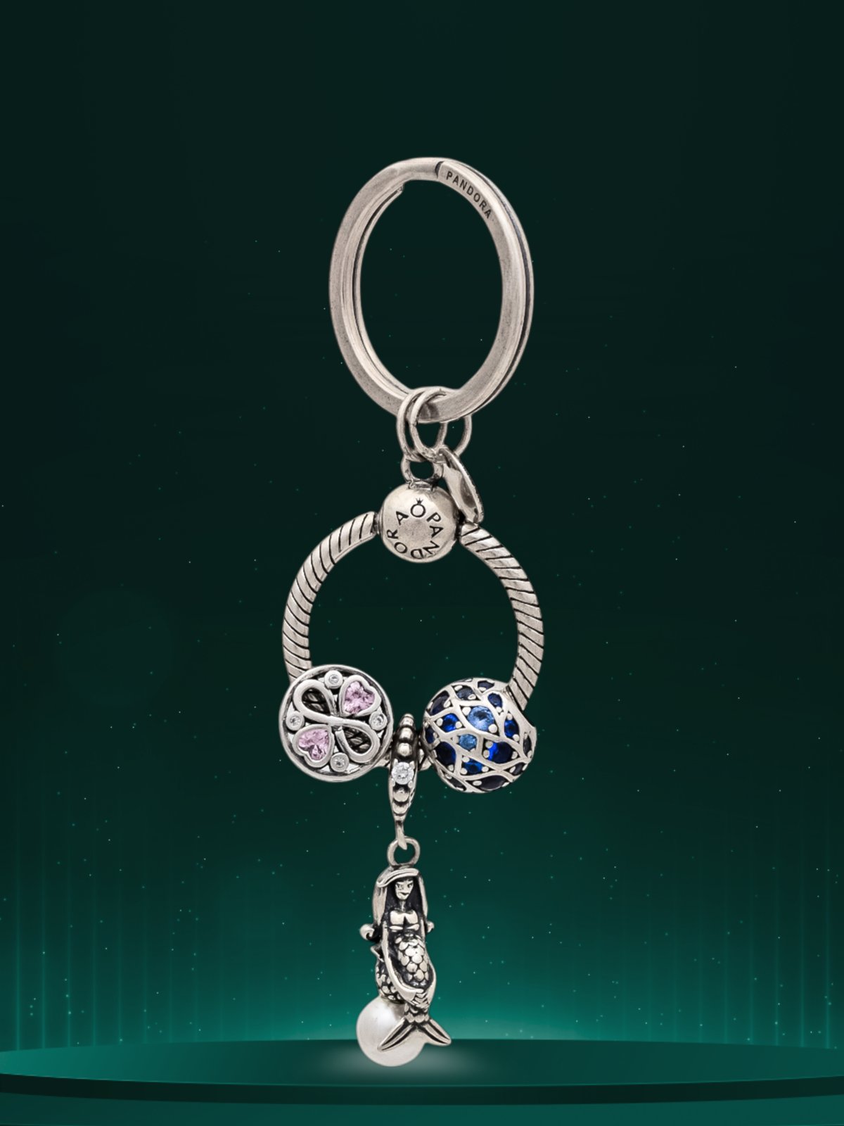 925 OXIDISED SILVER PANDORA DESIGN KEYCHAIN WITH BLUE AND PINK STONES