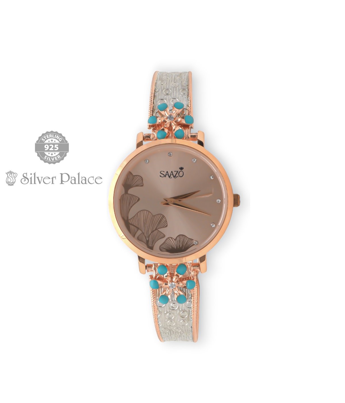 Sheya Collections 92.5 Silver With Rose Gold & Flower Design Green Color Dial Girls Watch For Girls
