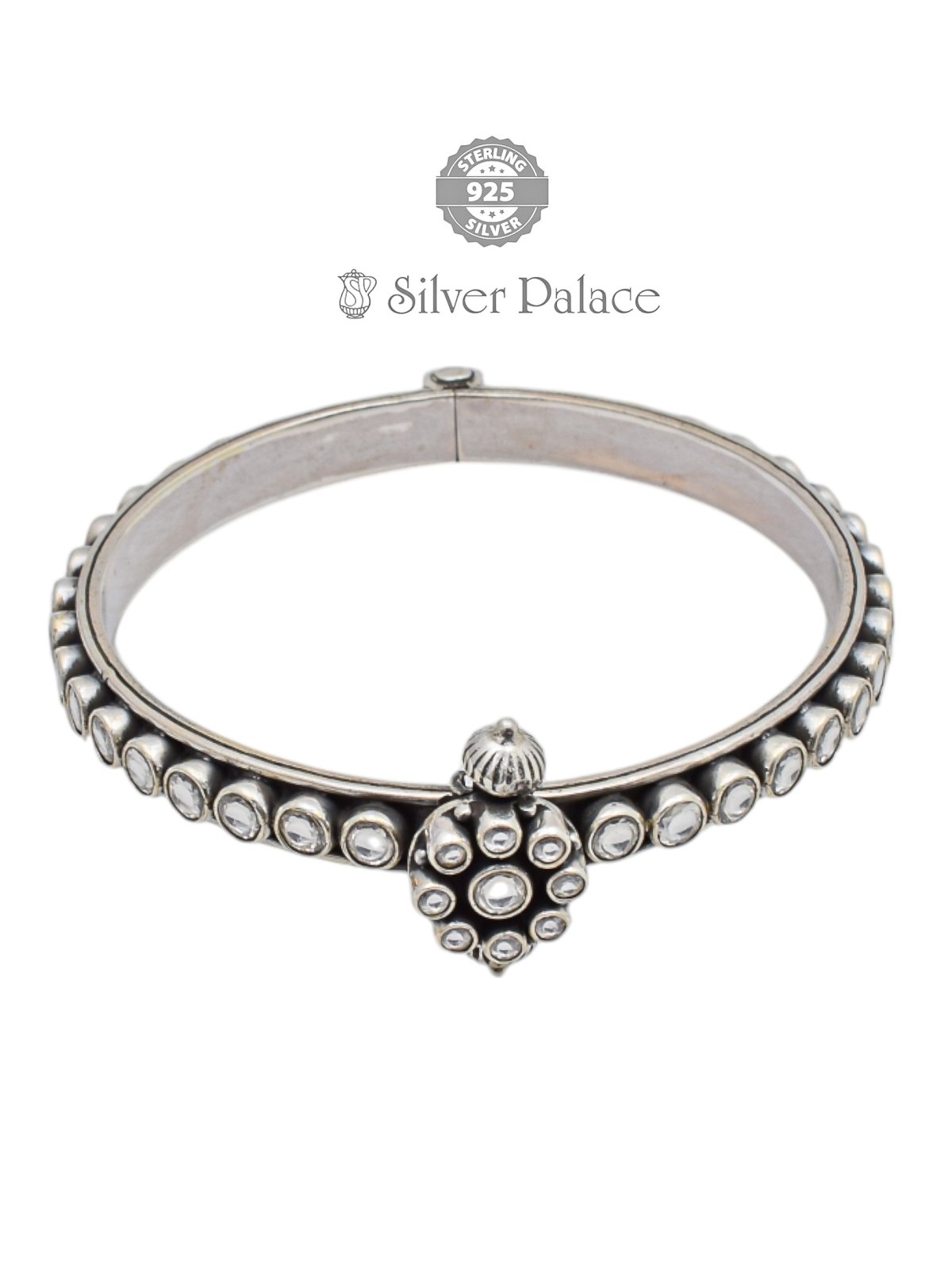 925 OXIDISED SILVER WHITE STONE WITH FLORAL KADA FOR WOMEN MANNJ COLLECTION