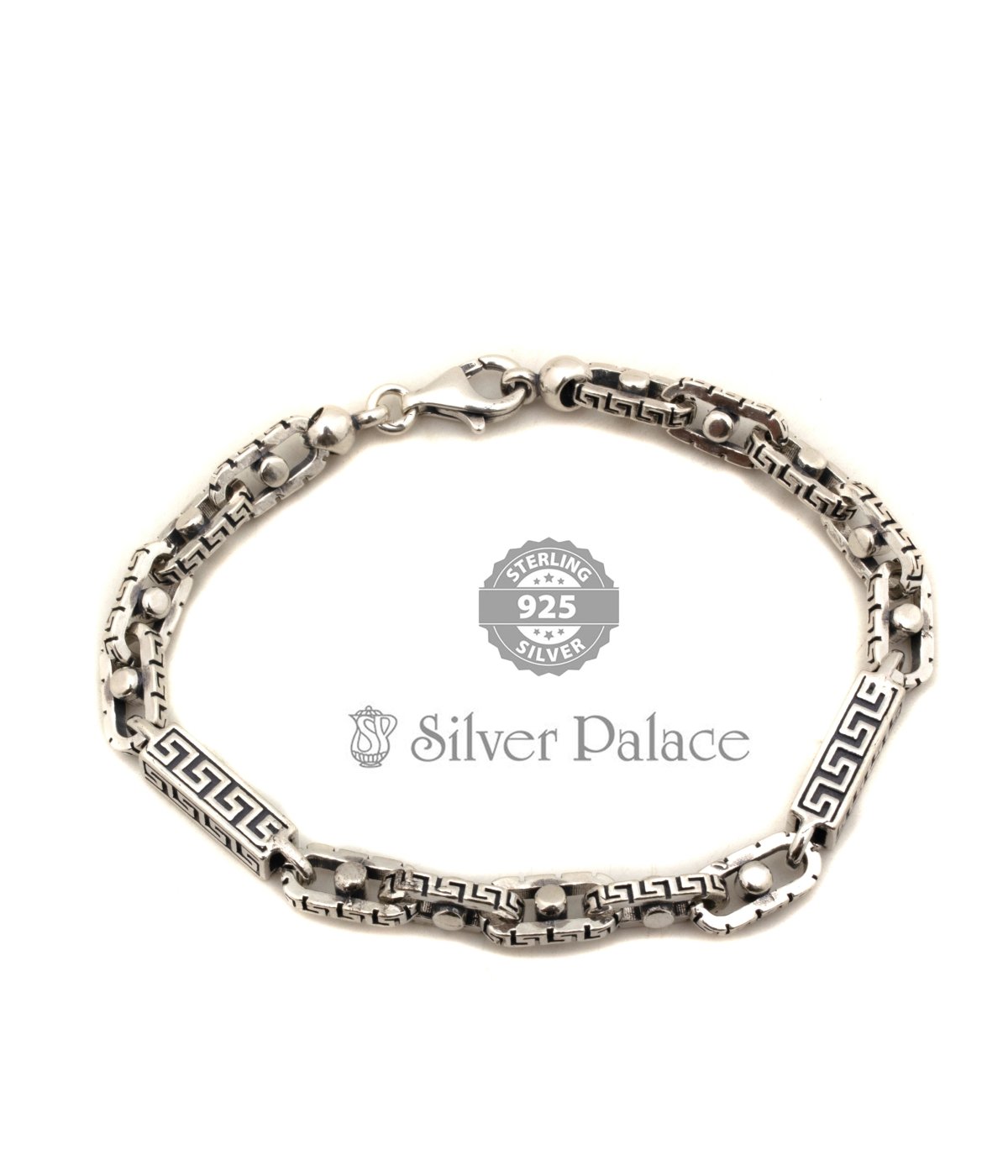 925 Sterling Silver Mens Cable Chain Wide Greek Key Bracelet
