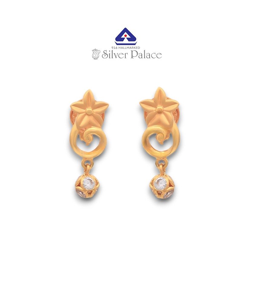  Kanche Collections 916 Pure Gold & Floral Design with Drop Shape & CZ Stone Studedd Earr Hoops  For Girls