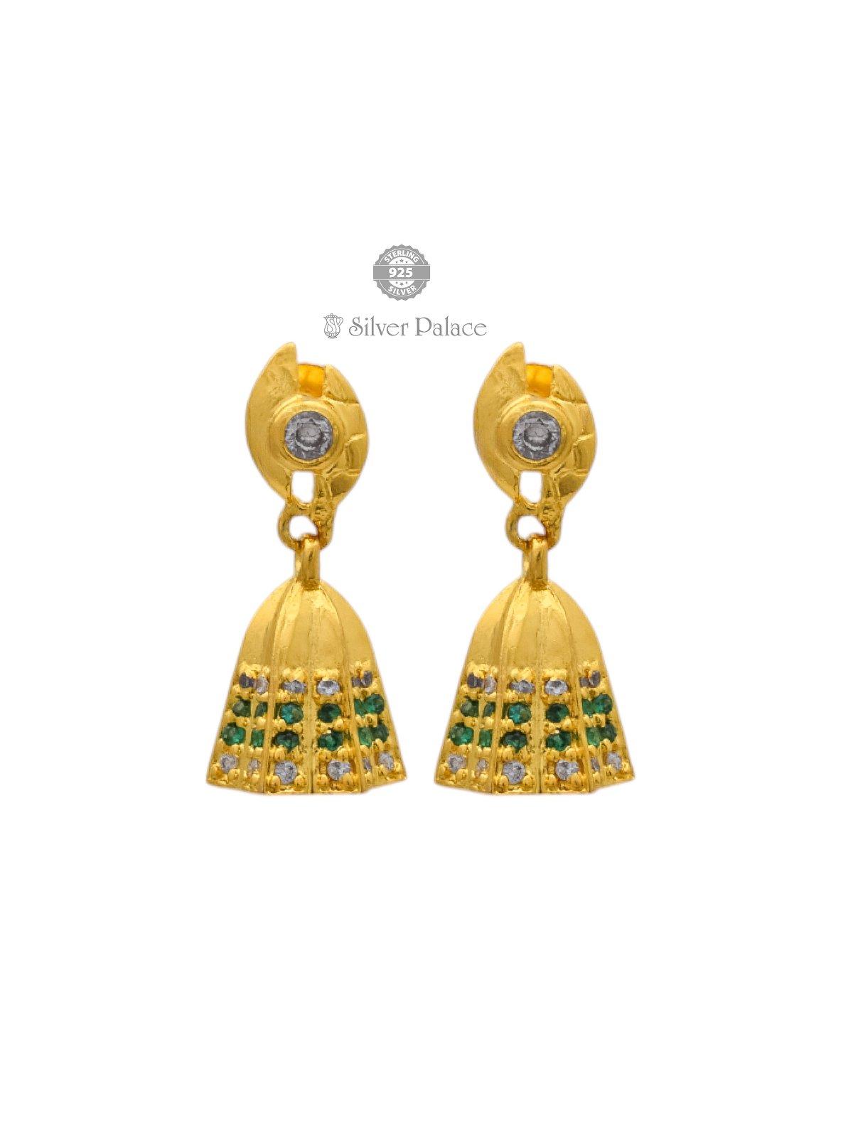 92.5 SILVER GOLD POLISHED GREEN STONE DESIGN JHUMKHI FOR GIRLS ANITE COLLECTION 