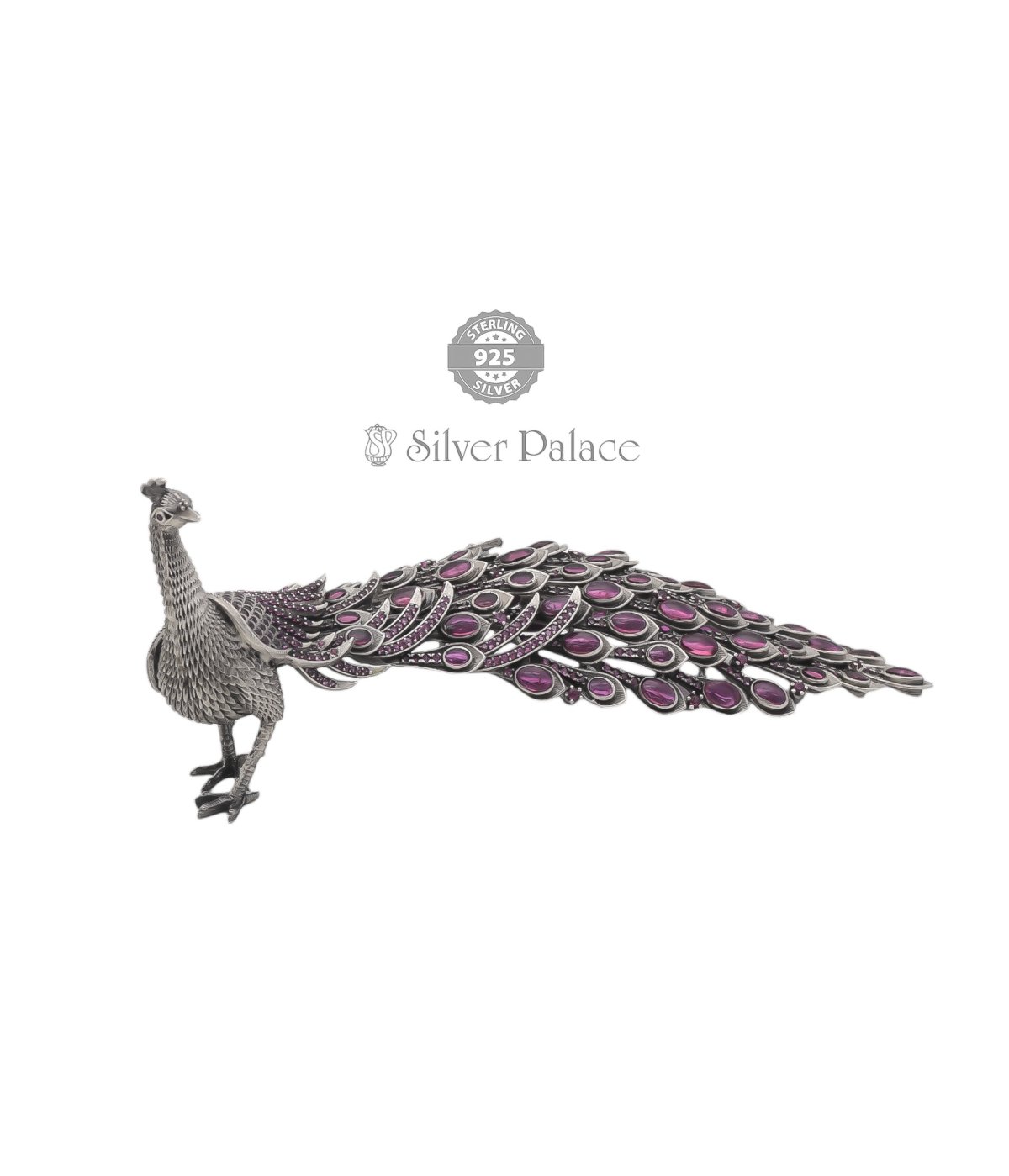 925 SILVER HANS COLLECTIONS HAND CRAFTED PEACOCK WITH PINK STONE STUDDED SHOWPIECE FOR HOME DECOR