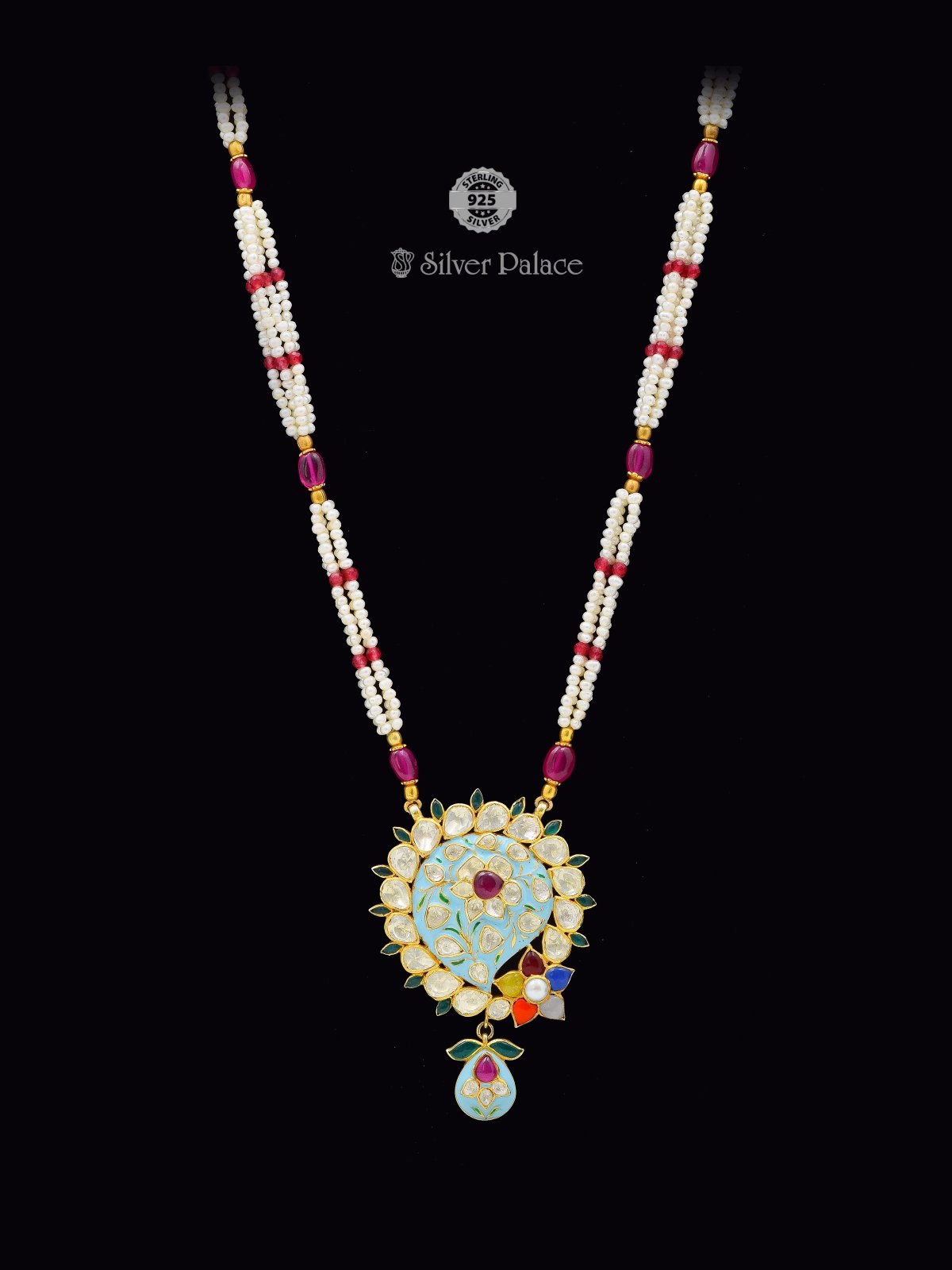 925 Sterling Silver Gold-Polished Meenakari Kundan Pearl Necklace – Anite Collection