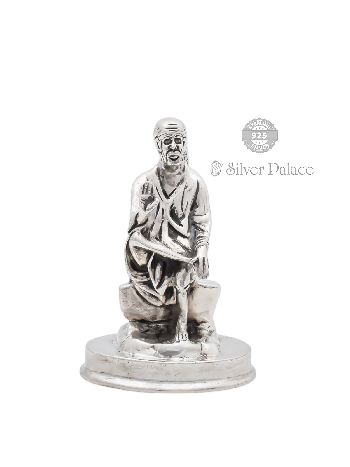 925 PURE SILVER SAIBABA SITTING IN STONE IDOL FOR POOJA PURPOSE