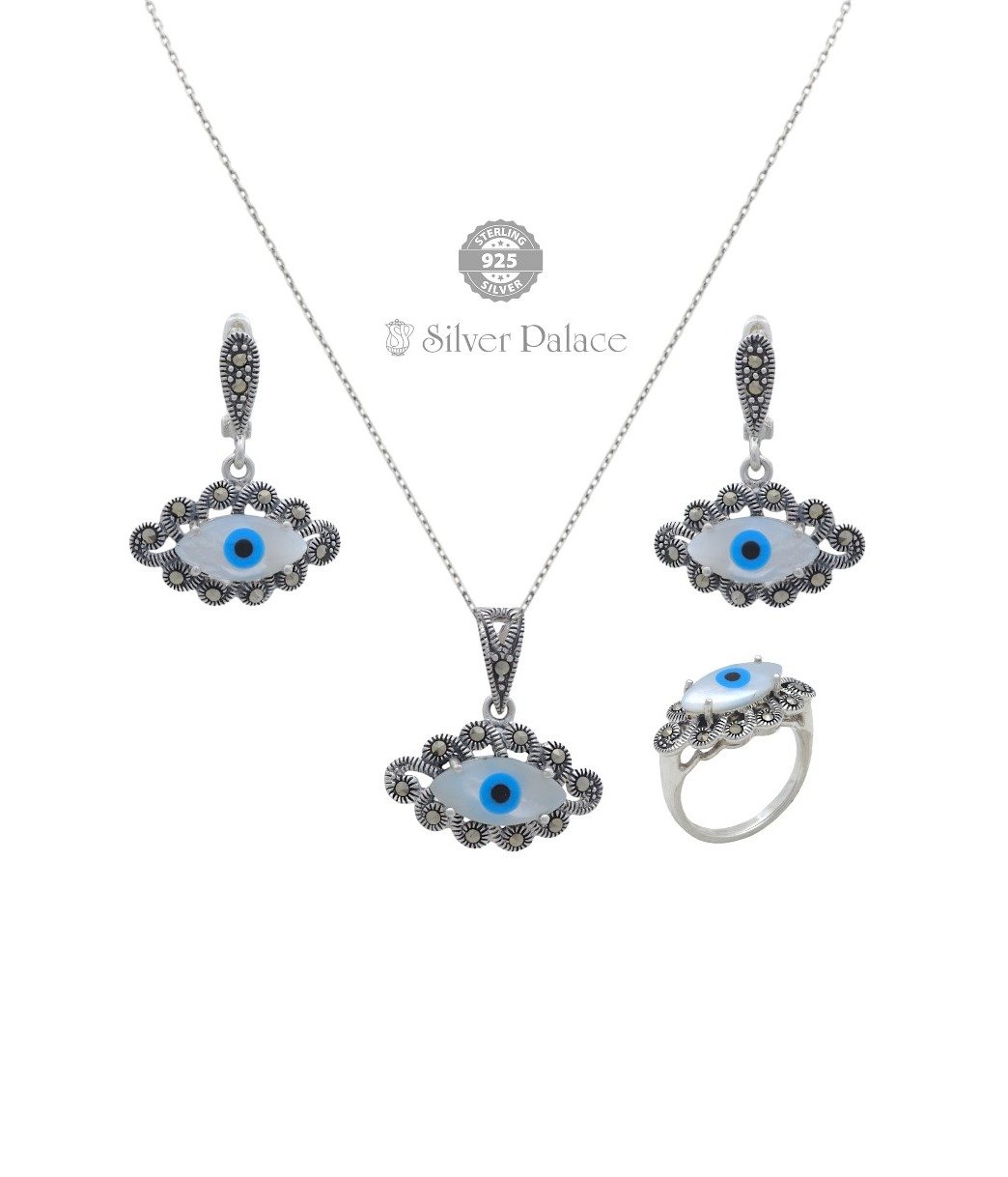 Pure Silver Prite' Collections Evil Eye Design Marcasite Pendant Sets For  Party Wear