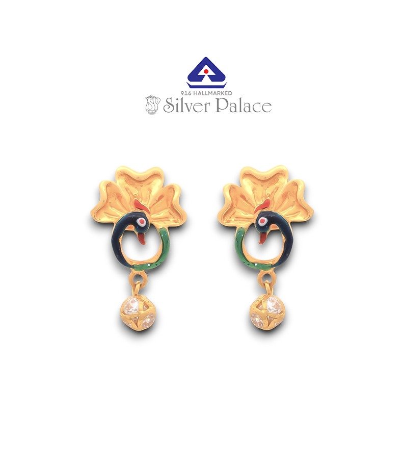 916 Gold With Kanche Collections Peacock Design Enamel Finish &Cz Stone studded  Drop  Earring For Womens